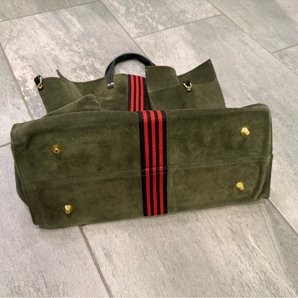 Clare V Olive Green Suede Tote Bag with Red Stripe - Picture 3 of 4